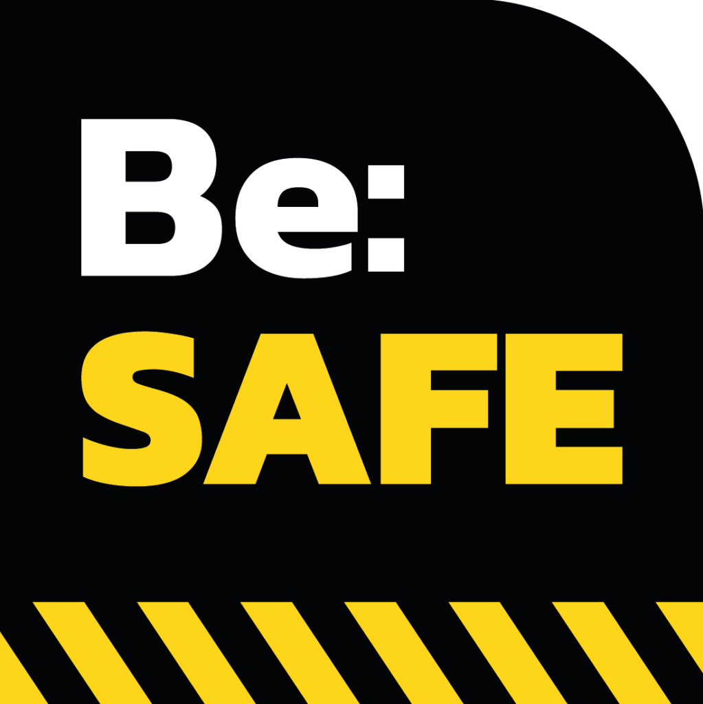 Be: SAFE logo - black background.
Be is written in white, SAFE is in yellow.
Under the text is a yellow and black diagonal "hazard" line.